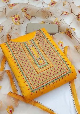 Yellow Embroidered Poly Blend Kurta Set