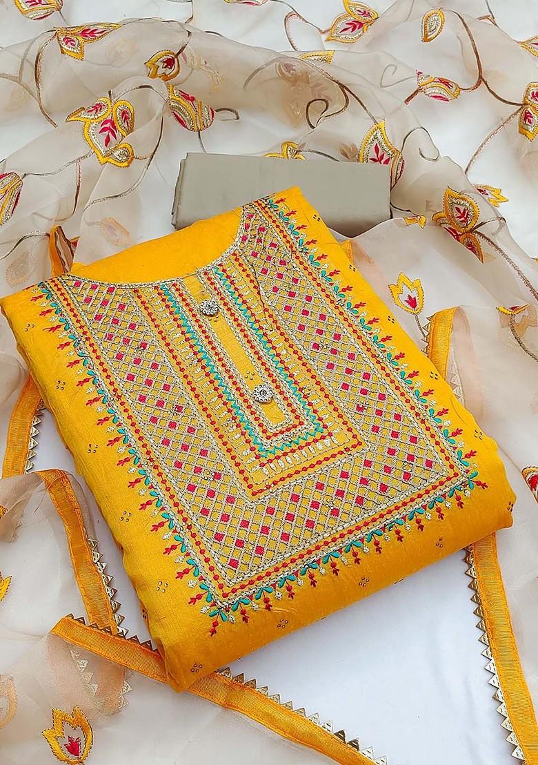 Yellow Embroidered Poly Blend Kurta Set