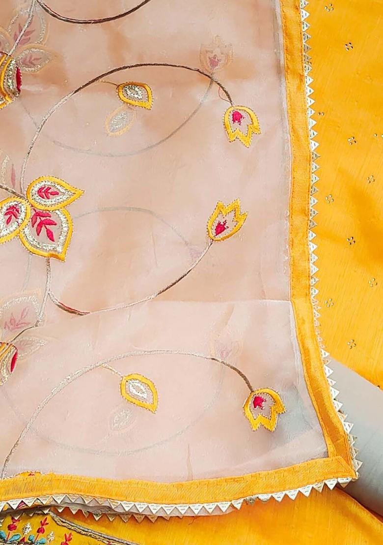 Yellow Embroidered Poly Blend Kurta Set