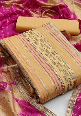 Beige Woven Striped Design Poly Blend Kurta Set