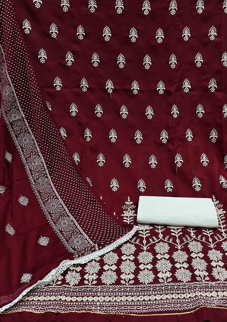Maroon Floral Embroidered Pure Cotton Kurta Set