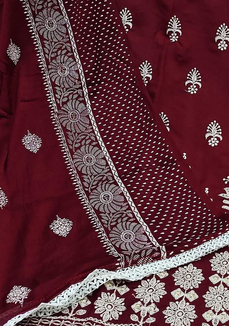 Maroon Floral Embroidered Pure Cotton Kurta Set