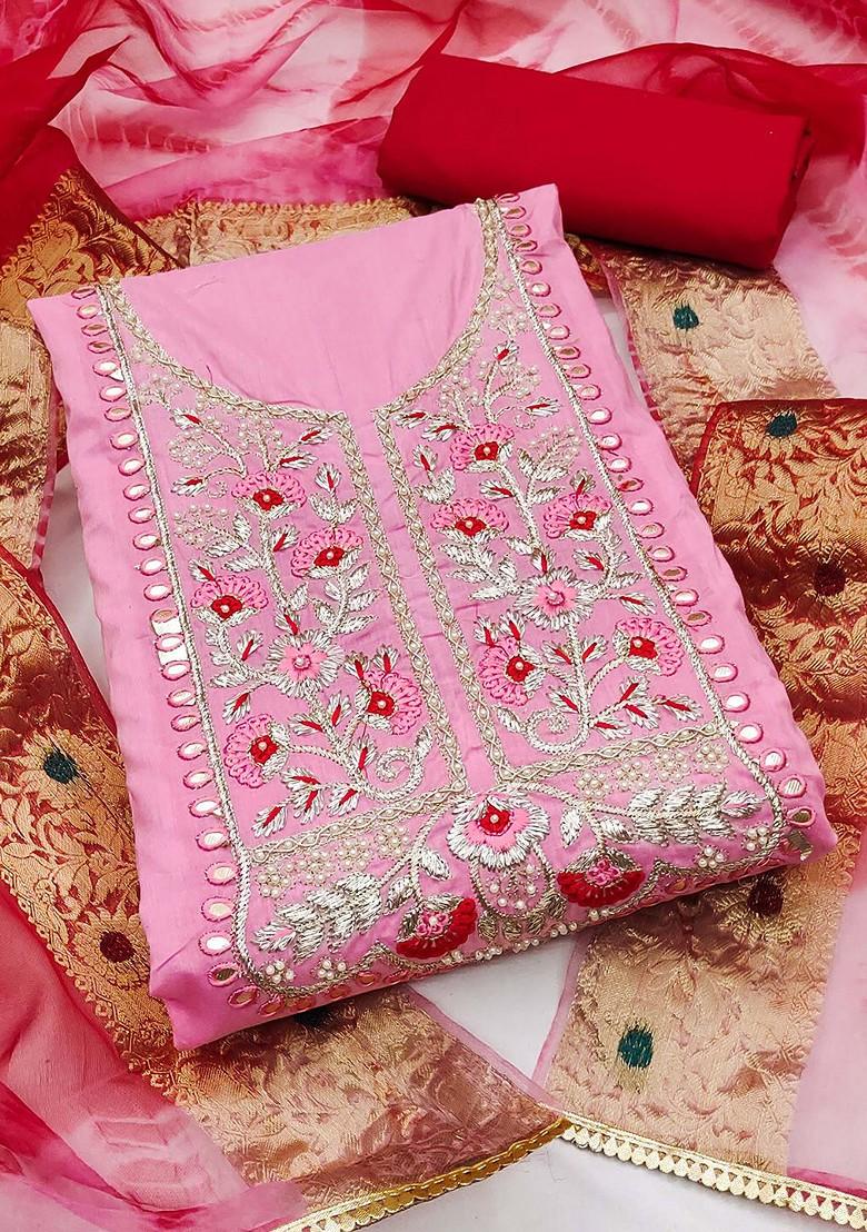 Pink Floral Embroidered Poly Blend Kurta Set