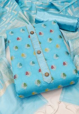 Turquoise Blue Ethnic Motifs Woven Poly Blend Kurta Set