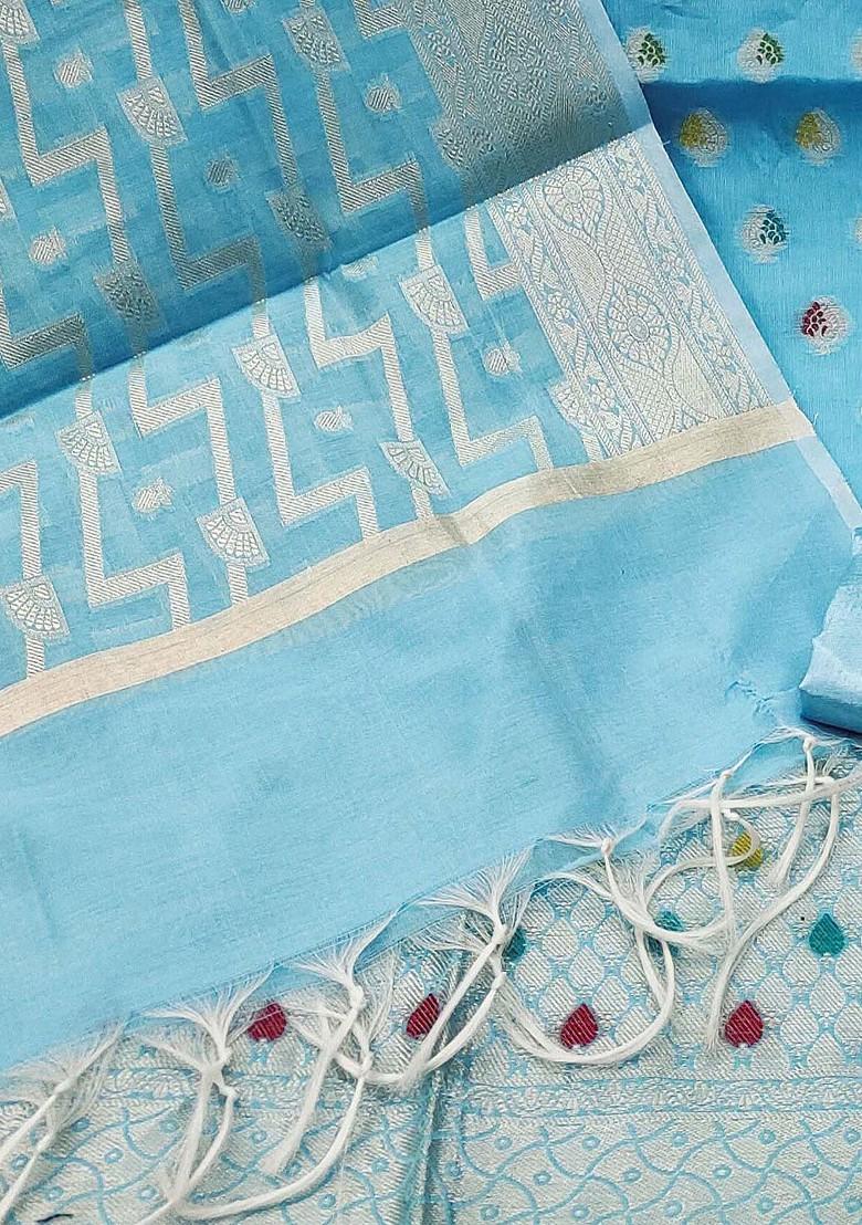 Turquoise Blue Ethnic Motifs Woven Poly Blend Kurta Set