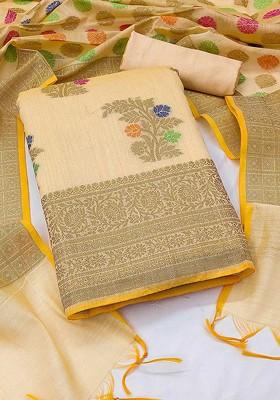 Beige Floral Embroidered Poly Blend Kurta Set