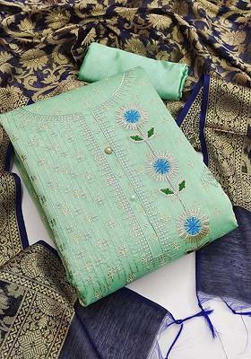 Sea Green Floral Embroidered Poly Blend Kurta Set