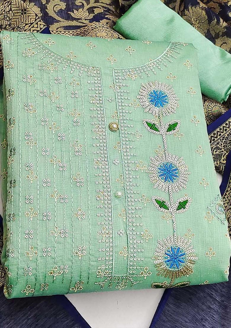 Sea Green Floral Embroidered Poly Blend Kurta Set