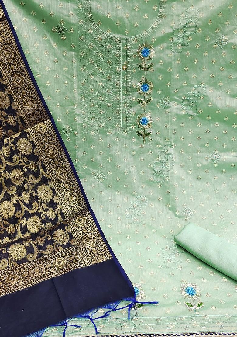 Sea Green Floral Embroidered Poly Blend Kurta Set