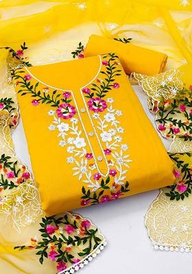 Yellow Floral Embroidered Poly Blend Kurta Set