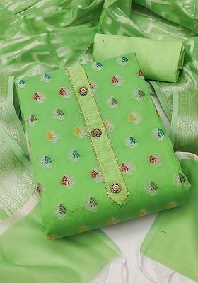 Green Ethnic Motifs Woven Poly Blend Kurta Set