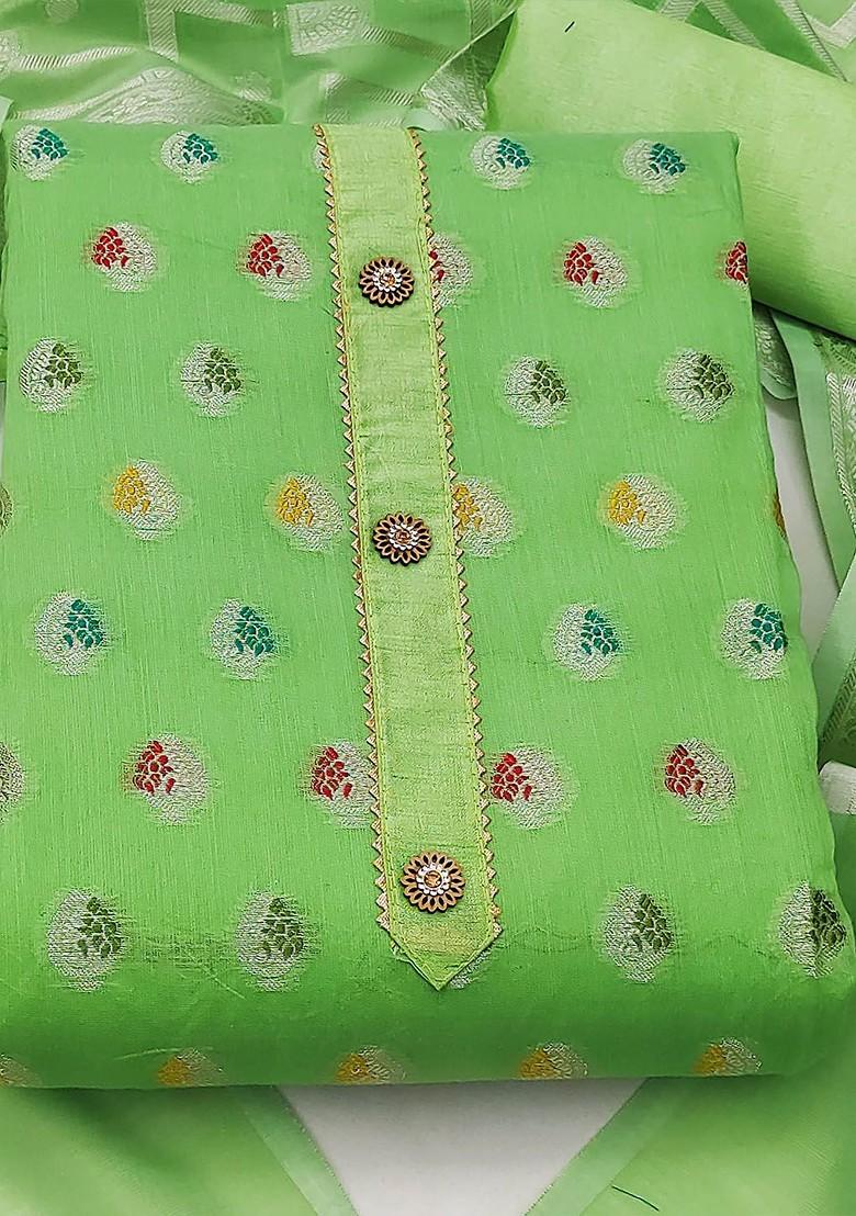 Green Ethnic Motifs Woven Poly Blend Kurta Set