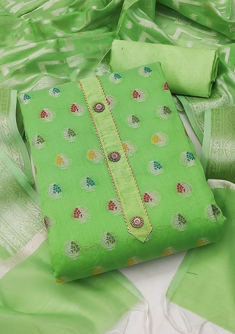 Green Ethnic Motifs Woven Poly Blend Kurta Set