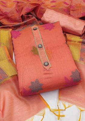 Peach Floral Woven Design Poly Blend Kurta Set