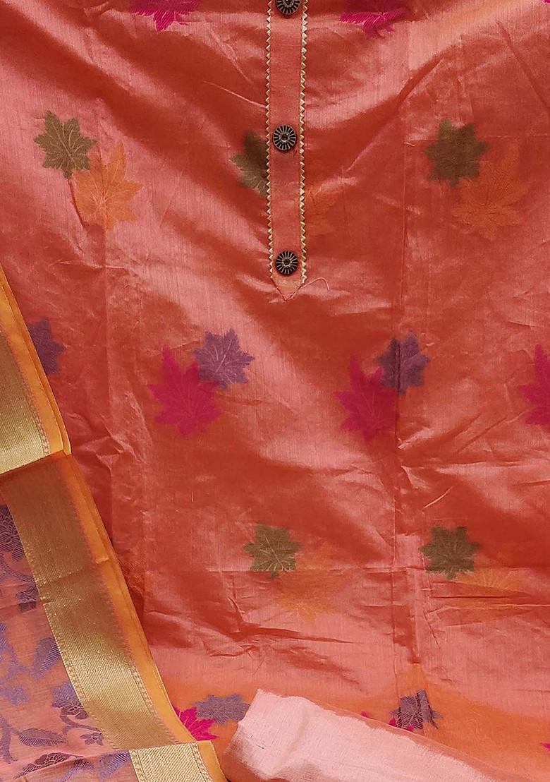 Peach Floral Woven Design Poly Blend Kurta Set