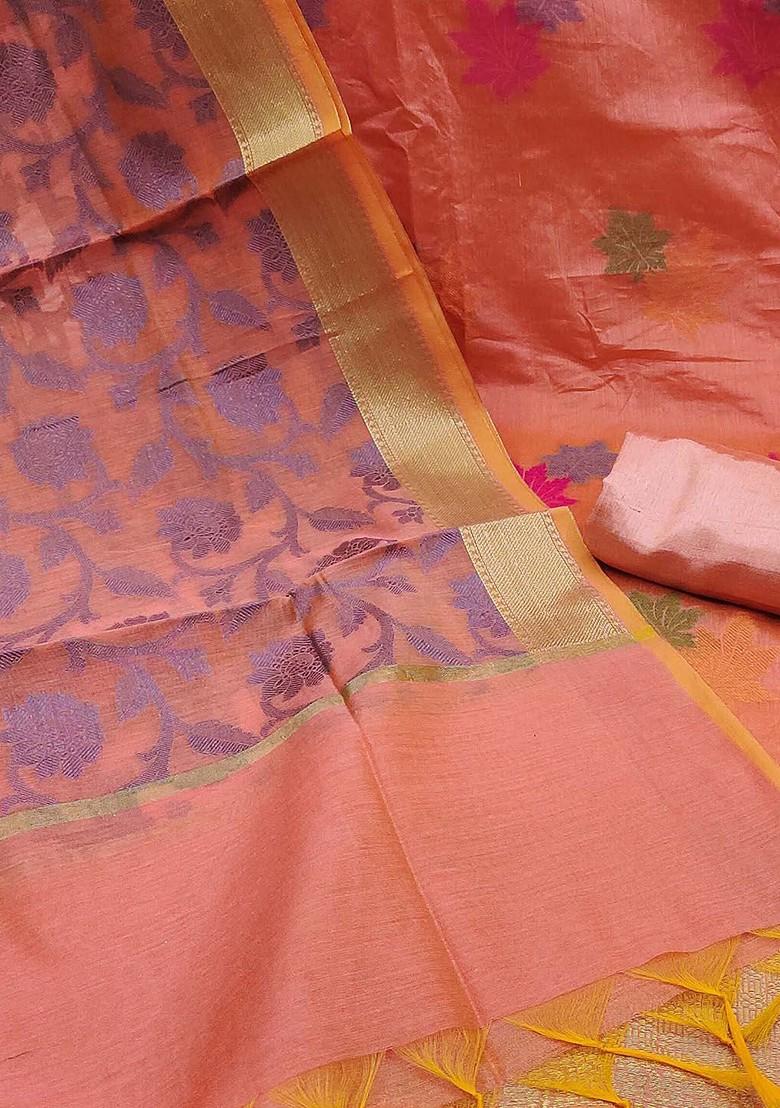 Peach Floral Woven Design Poly Blend Kurta Set