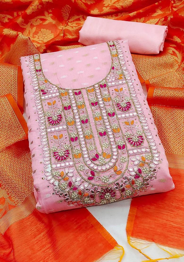 Pink Sequin Embroidered Banarasi Jacquard Kurta Set