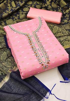 Pink Ethnic Motifs Woven Poly Blend Kurta Set