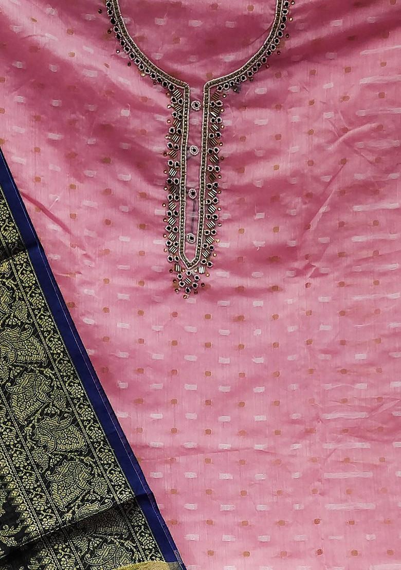 Pink Ethnic Motifs Woven Poly Blend Kurta Set