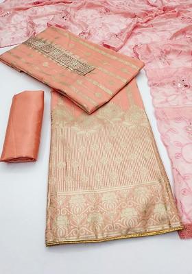 Peach Ethnic Motifs Woven Poly Blend Kurta Set