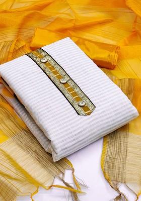 White Striped Print Poly Blend Kurta Set