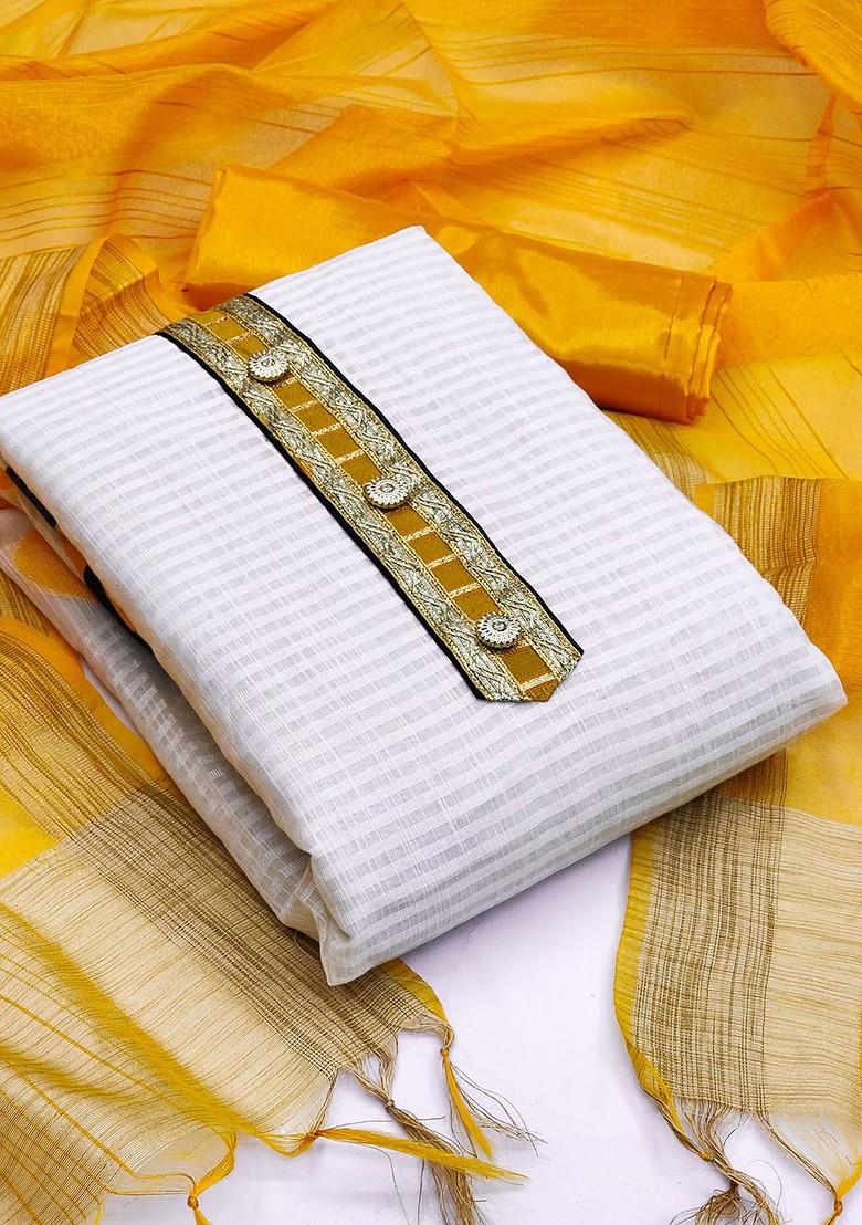 White Striped Print Poly Blend Kurta Set