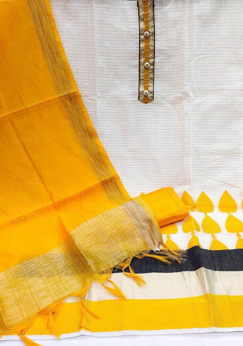 White Striped Print Poly Blend Kurta Set