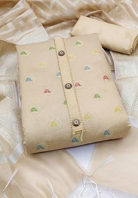 Beige Ethnic Motifs Woven Poly Blend Kurta Set