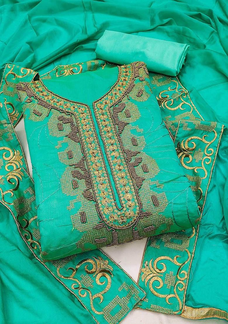 Sea Green Ethnic Motifs Embroidered Poly Blend Kurta Set