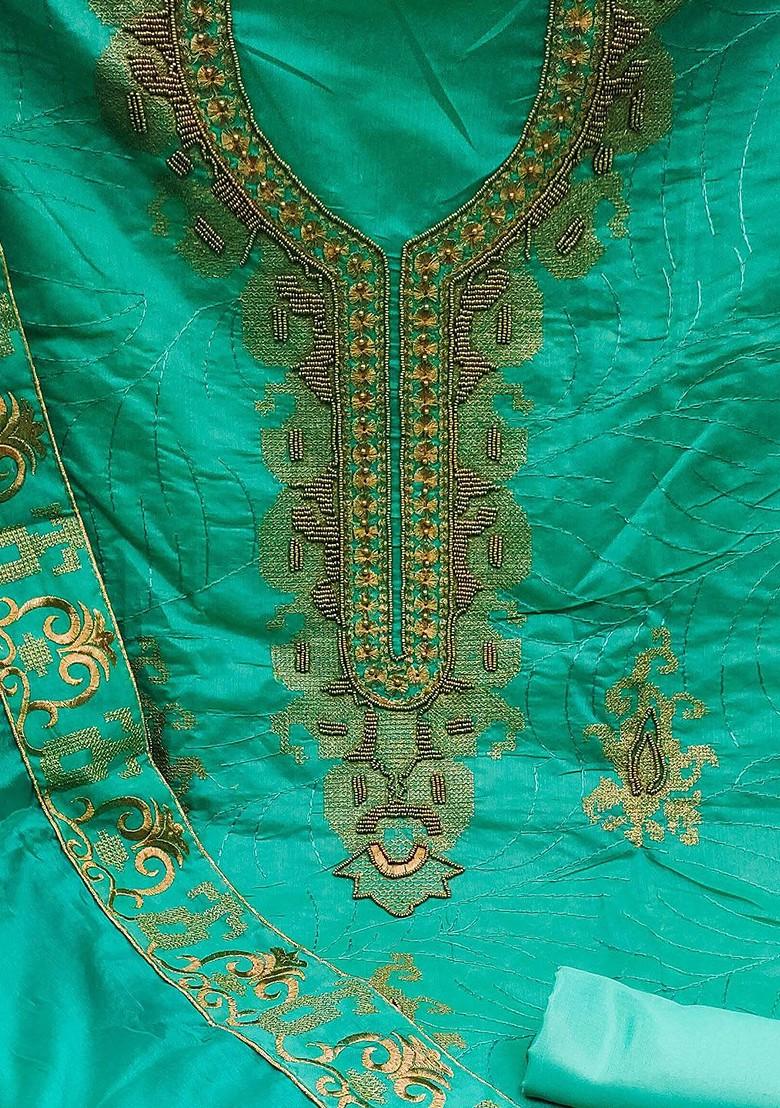 Sea Green Ethnic Motifs Embroidered Poly Blend Kurta Set