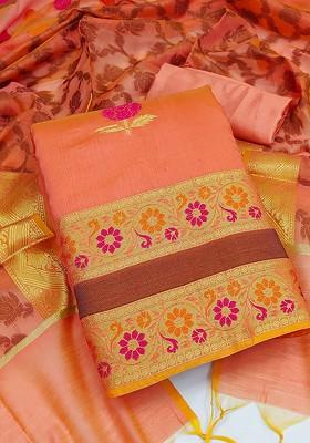 Peach Ethnic Motifs Woven Poly Blend Kurta Set
