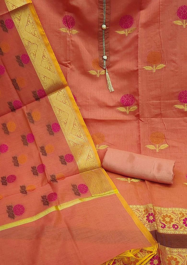 Peach Ethnic Motifs Woven Poly Blend Kurta Set
