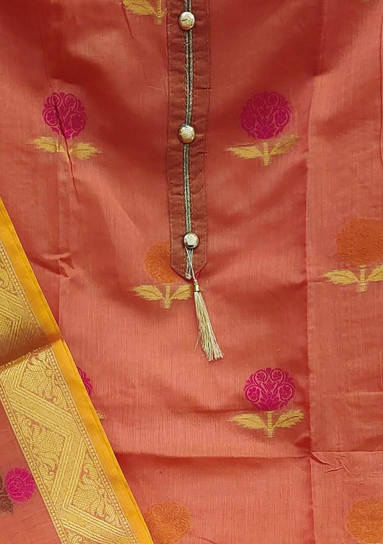 Peach Ethnic Motifs Woven Poly Blend Kurta Set