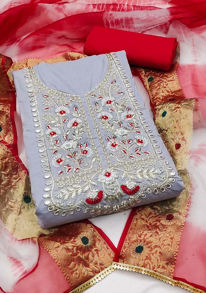 Grey Floral Embroidered Poly Blend Kurta Set