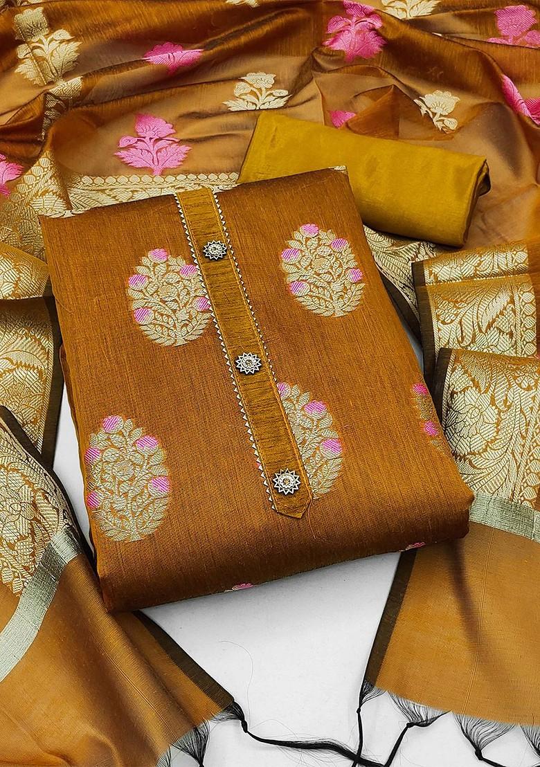 Mustard Yellow Ethnic Motifs Woven Poly Blend Kurta Set