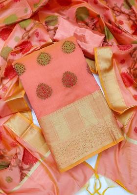 Peach Ethnic Motifs Woven Poly Blend Kurta Set