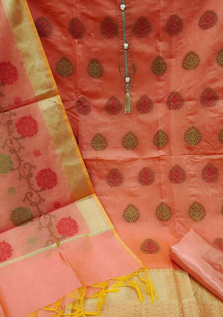 Peach Ethnic Motifs Woven Poly Blend Kurta Set