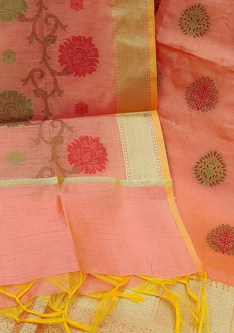 Peach Ethnic Motifs Woven Poly Blend Kurta Set