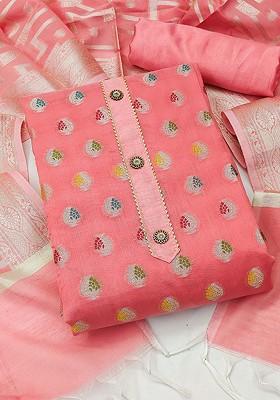 Peach Ethnic Motifs Woven Poly Blend Kurta Set