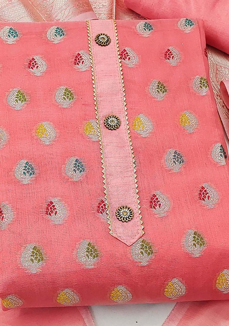 Peach Ethnic Motifs Woven Poly Blend Kurta Set