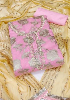Pink Ethnic Motifs Woven Banarasi Jacquard Kurta Set
