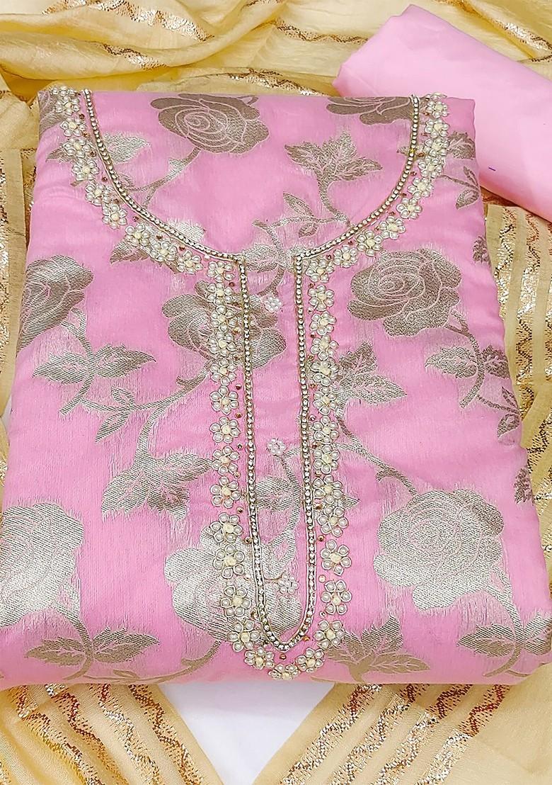 Pink Ethnic Motifs Woven Banarasi Jacquard Kurta Set