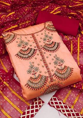 Peach Ethnic Motifs Embroidered Poly Blend Kurta Set