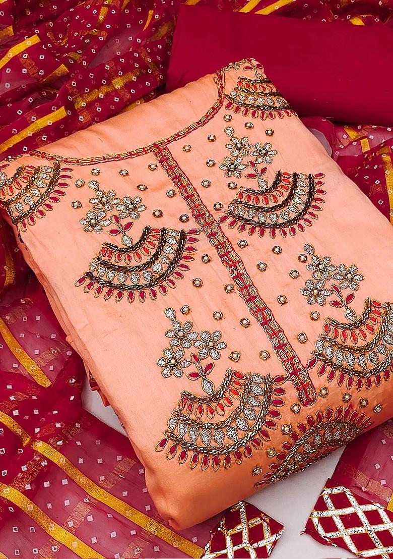 Peach Ethnic Motifs Embroidered Poly Blend Kurta Set