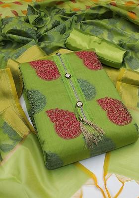 Green Ethnic Motifs Woven Poly Blend Kurta Set