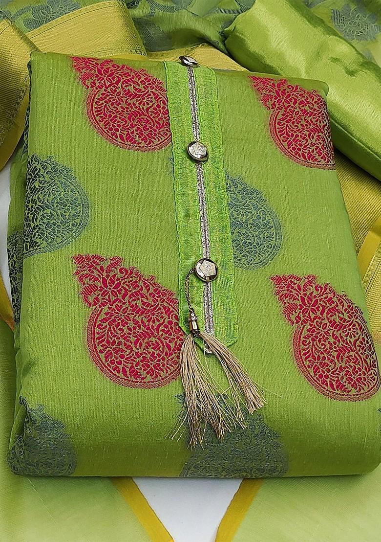 Green Ethnic Motifs Woven Poly Blend Kurta Set