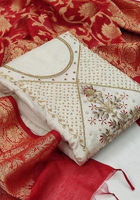 Off White Floral Embroidered Poly Blend Kurta Set