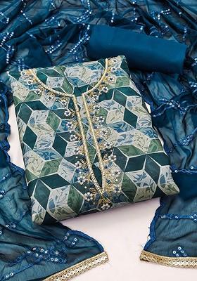 Blue Geometric Print Poly Blend Kurta Set