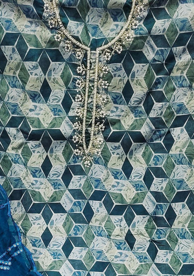 Blue Geometric Print Poly Blend Kurta Set