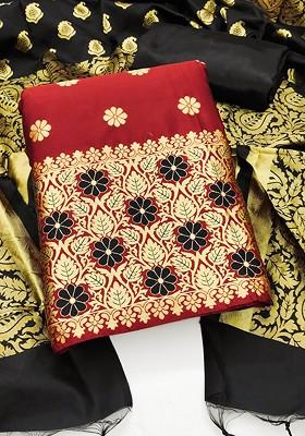 Maroon Floral Woven Design Poly Blend Kurta Set